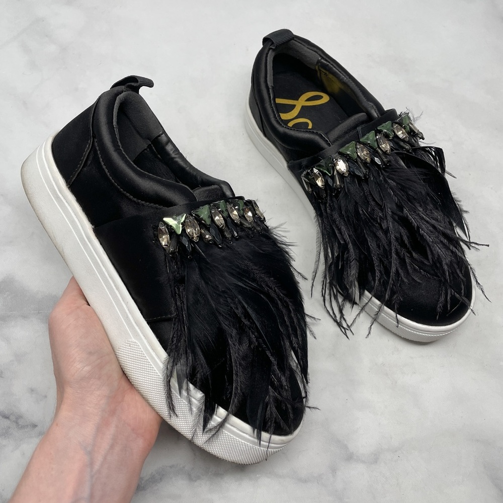 Sam Edelman Lelani Feathers Rhinestone Satin Platform Sneaker Shoes Retro Black